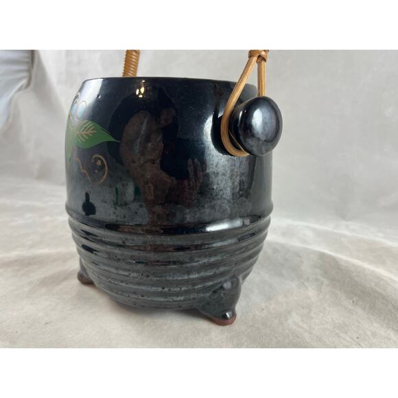 Footed Biscuit Jar Black Glazed Terracotta Fruit Motif Japan Wicker Handle - Picture 8 of 9